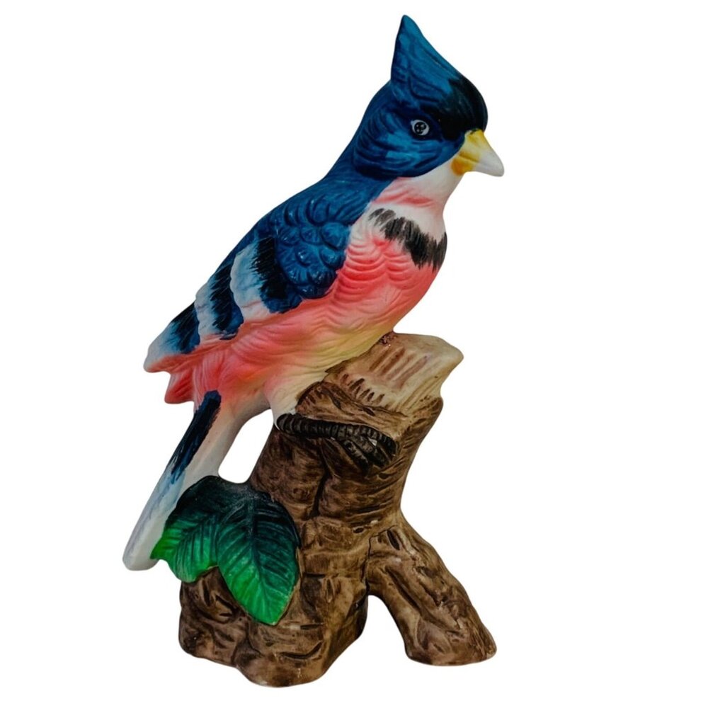 Blue Jay Figurine On Tree Stump VTG Hand Painted Porcelain Decorative Home Decor